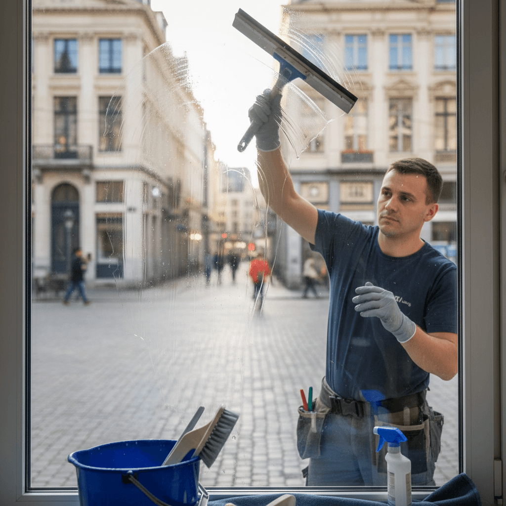 Professional window cleaner using squeegee on residential windows