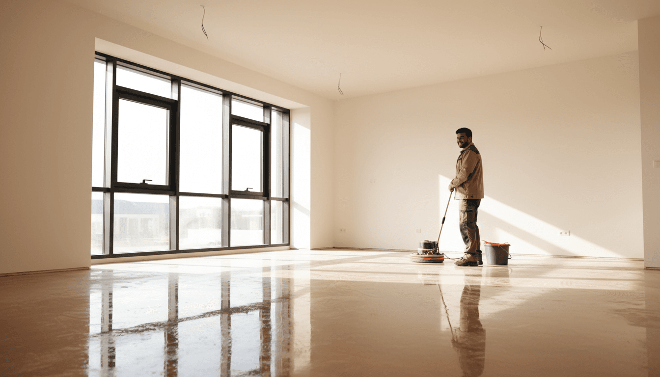 Construction site interior freshly cleaned and inspection-ready, with polished floors and pristine white walls