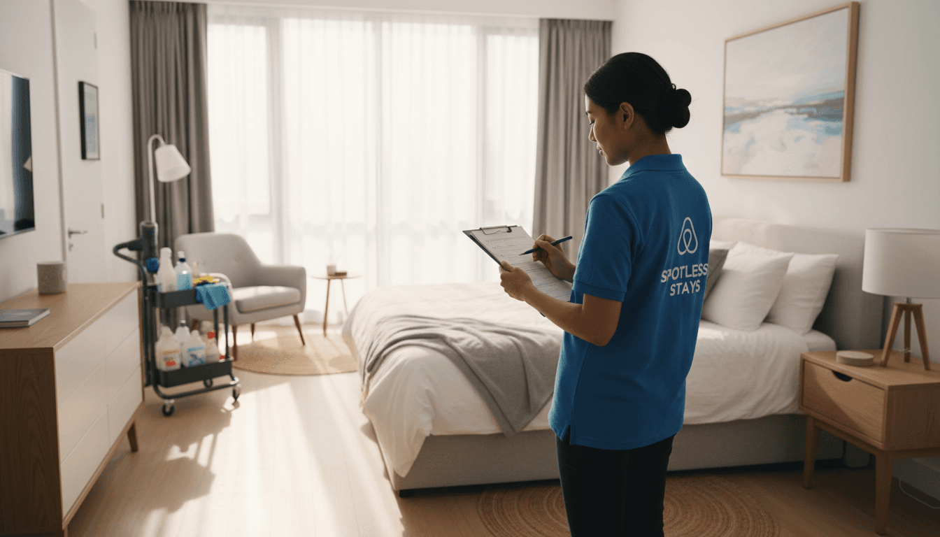 Professional cleaner inspecting a spotless Airbnb bedroom with checklist