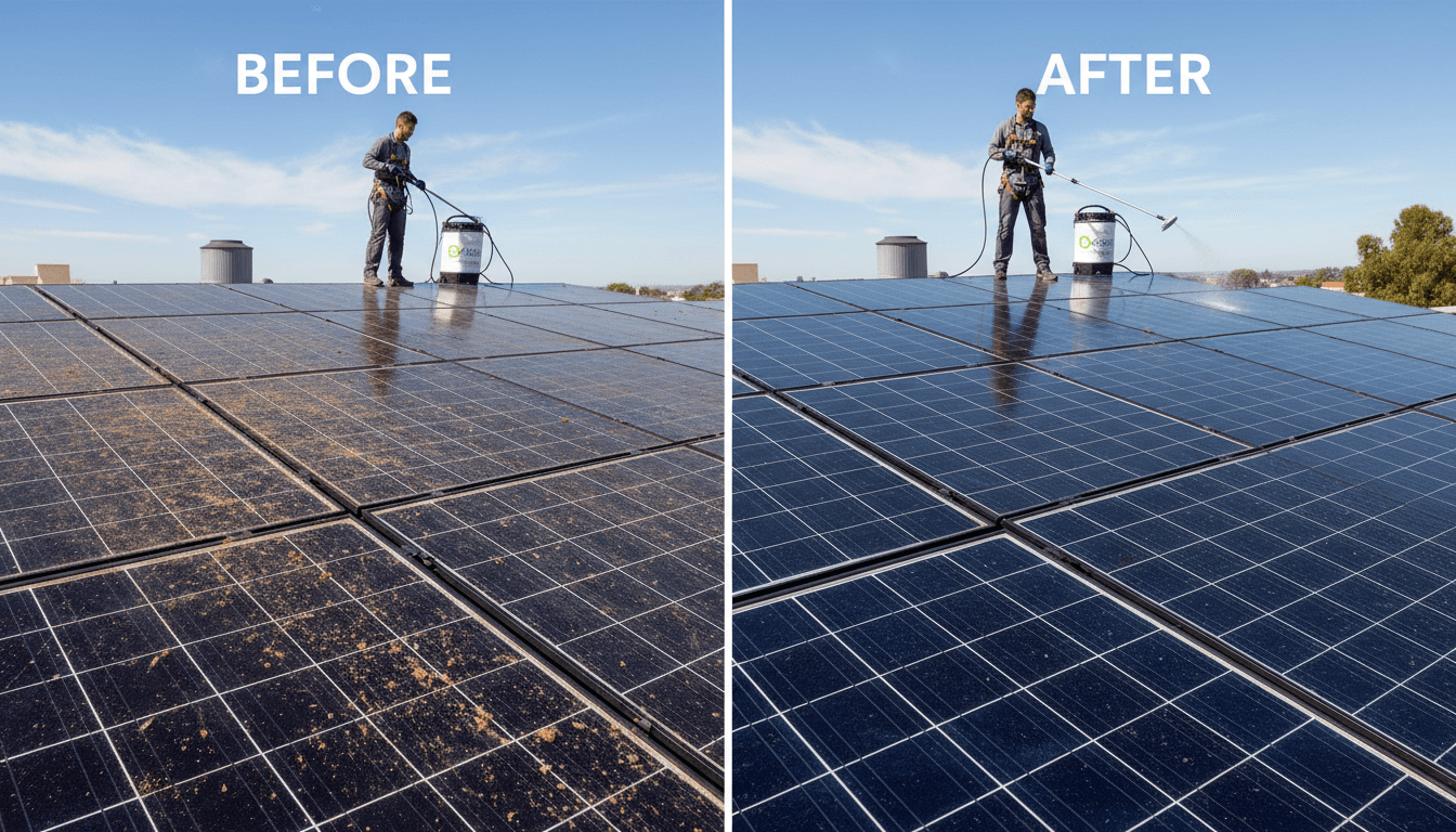 Dirty and clean solar panels with eco-friendly cleaner in background.