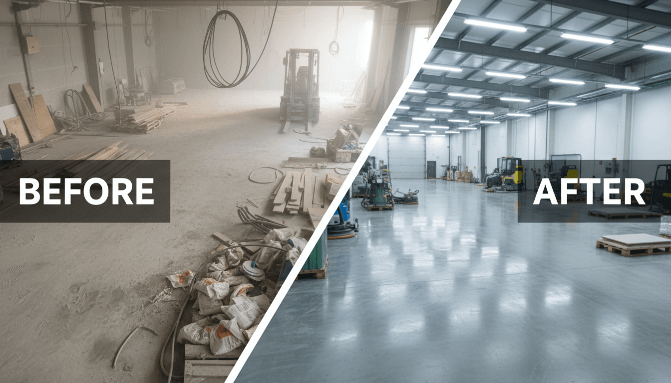 Before and after construction cleaning showing a dusty construction site transformed into a spotless space ready for inspection