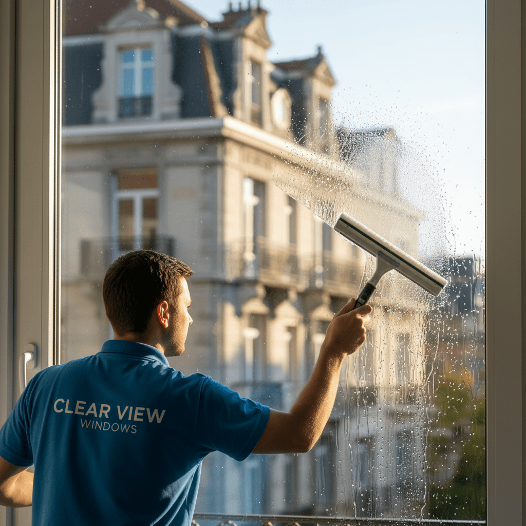Professional window washing in progress
