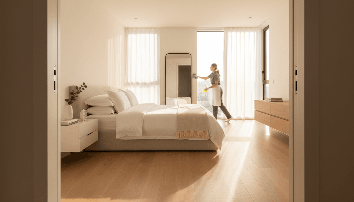 Freshly cleaned Airbnb bedroom with morning light, professional cleaner polishing details