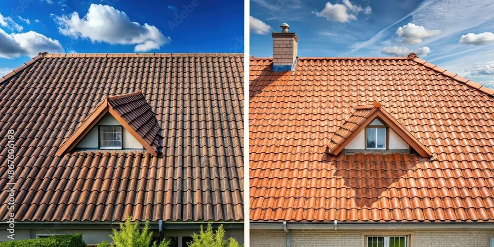 Side-by-side comparison of a weathered brown tiled roof and a clean, bright orange tiled roof.