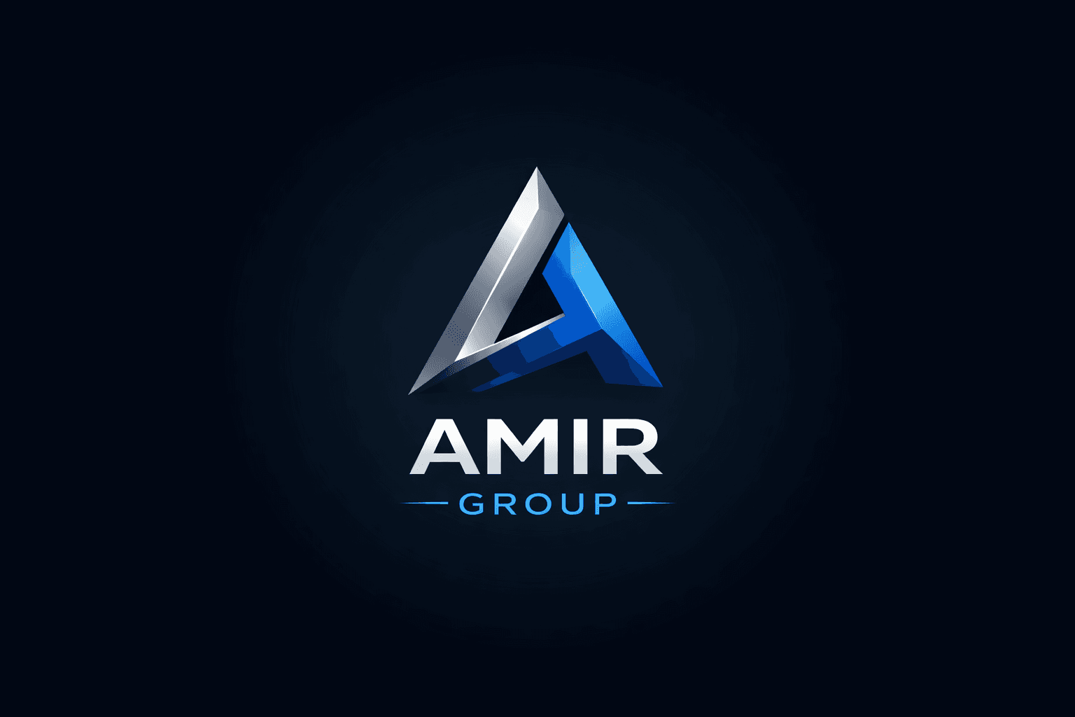 Modern 3D silver and blue letter A logo for Amir Group on dark background.