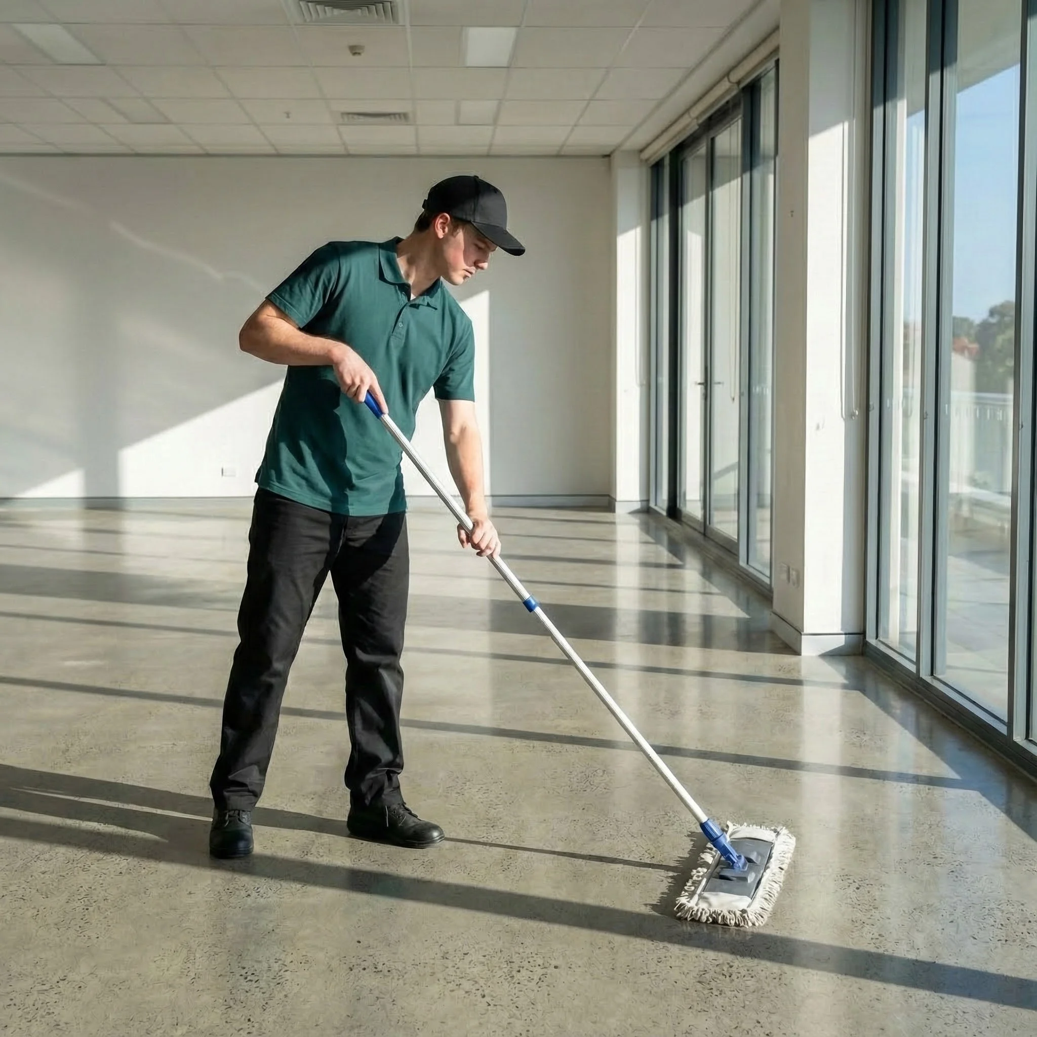 A male cleaner mopping a large, empty office space with sunlit polished concrete floors.