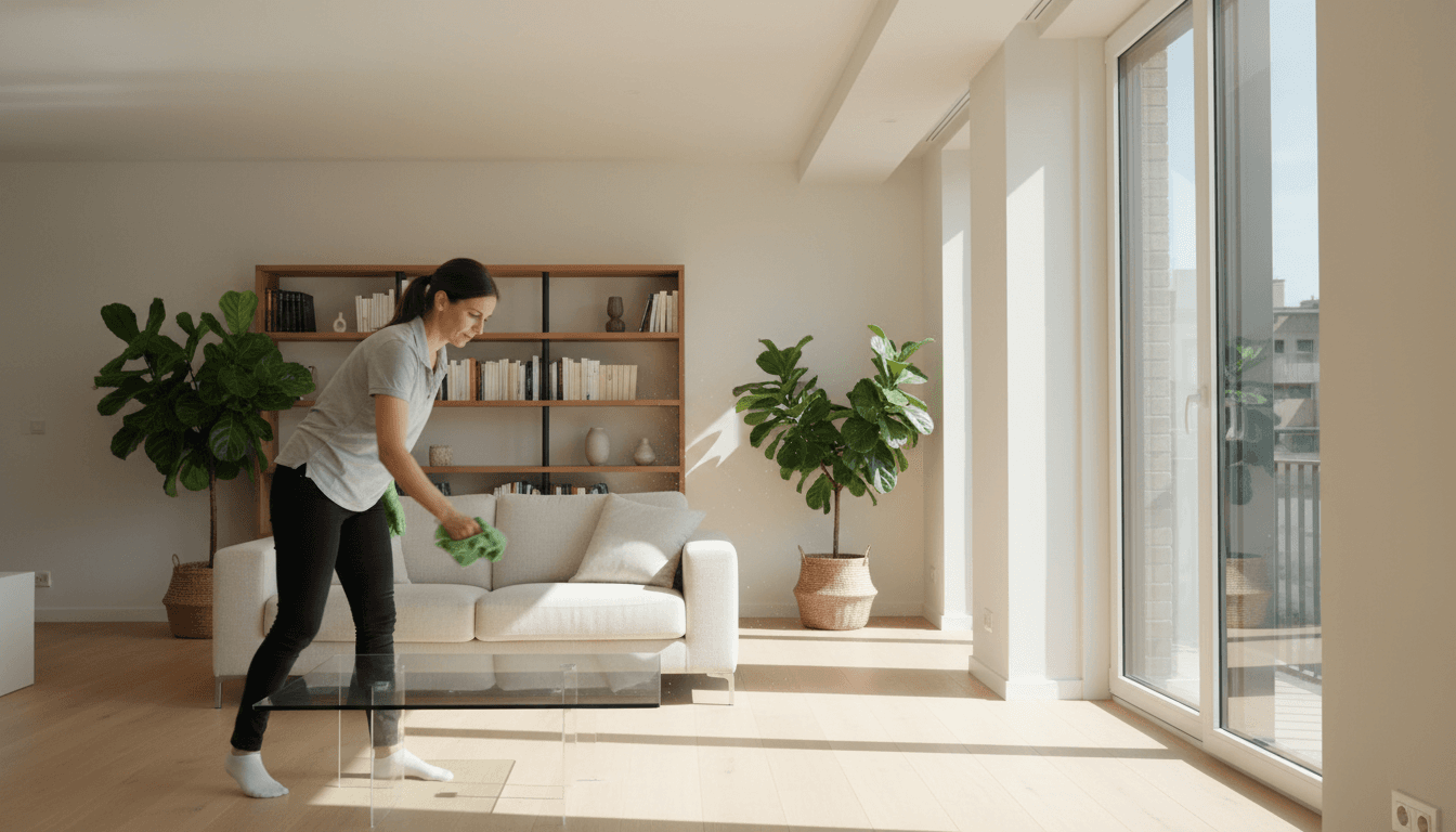 Professional cleaner from AMIR Group carefully cleaning a glass surface in a modern Brussels home