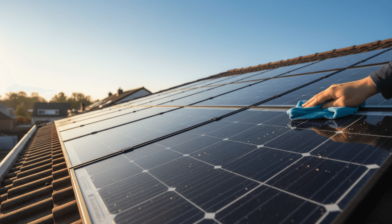 Sparkling clean solar panels on a Brussels rooftop in bright sunlight
