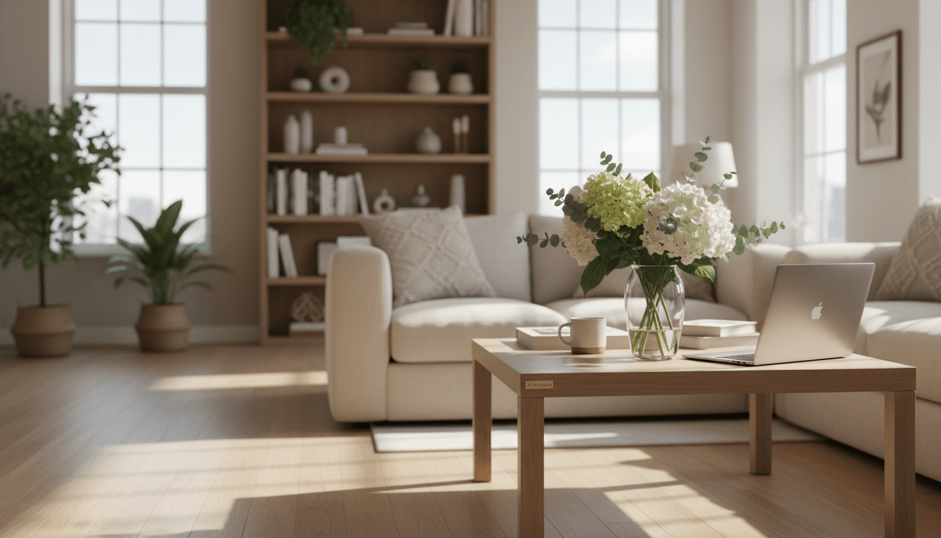 Bright, clean living room with organized furniture and natural light