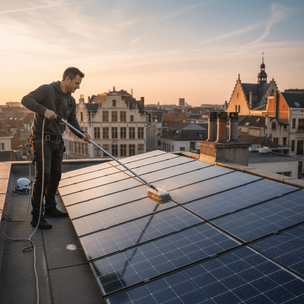 Professional solar panel cleaning service on Brussels residential rooftop