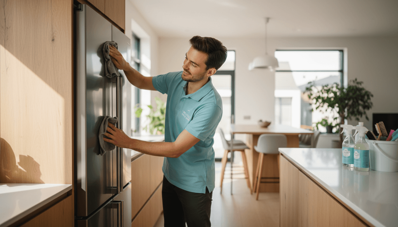 A fresh, bright lifestyle aesthetic wide shot of a home service professional in a modern Brussels residential kitchen