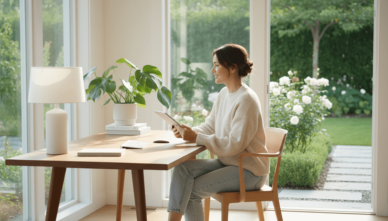 Woman in organized home office with view of maintained garden