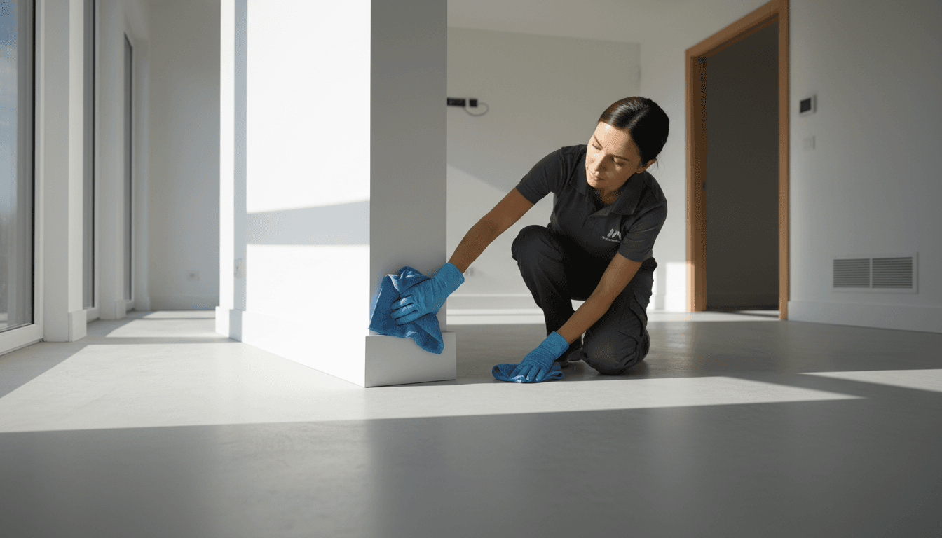 Professional cleaner wiping down a white wall corner in a newly constructed space during final inspection-ready cleaning