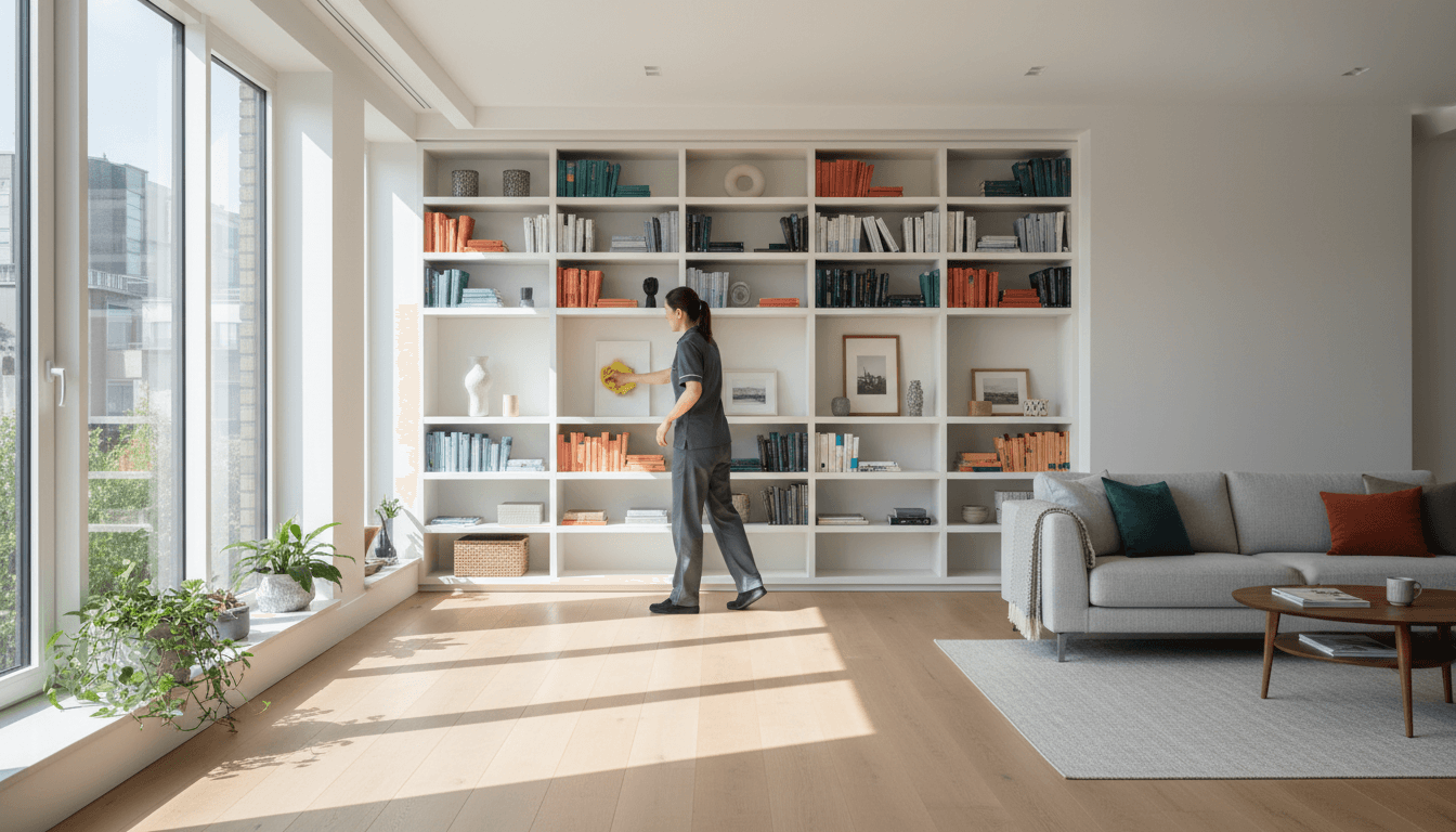 Professional cleaner organizing and polishing a modern living room in Brussels